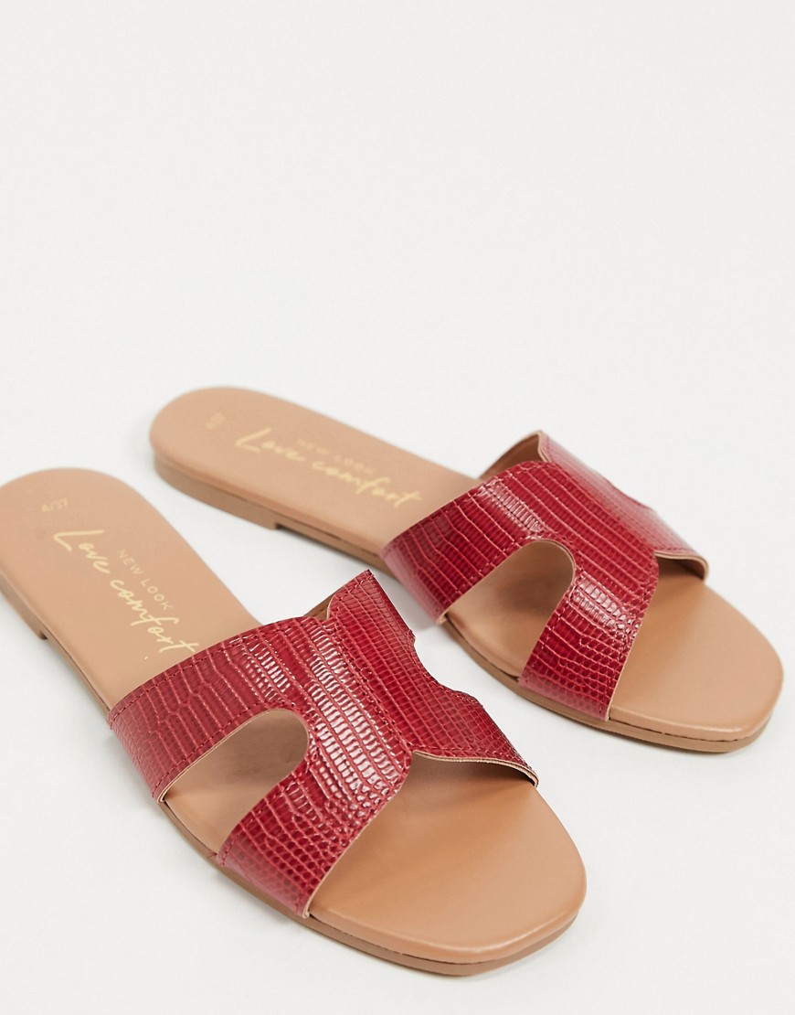 New Look - Slippers met gekruiste bandjes en hagediseffect in roestbruin-Rood