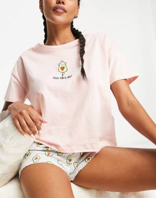 New Look Slogan Avocado Pajama Shorts Set In Pink