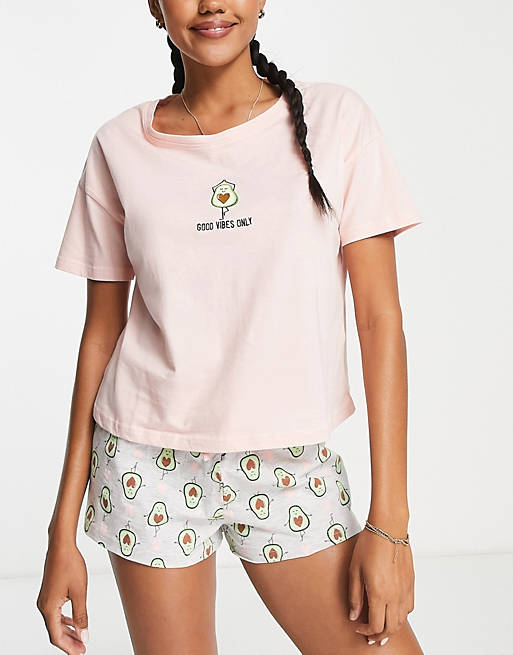 set New ASOS avocado pajama pink slogan shorts Look in |