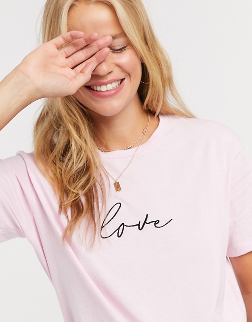 New Look love slogan t-shirt in pale pink