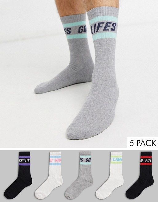 New Look slogan ribbed sport 5 pack socks in multi