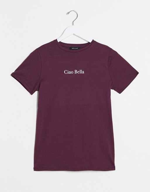 New Look slogan t-shirt in burgundy