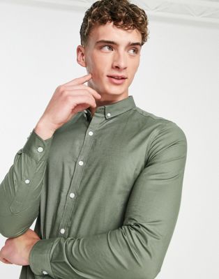 New Look smart long sleeve muscle fit oxford shirt in khaki - ASOS Price Checker