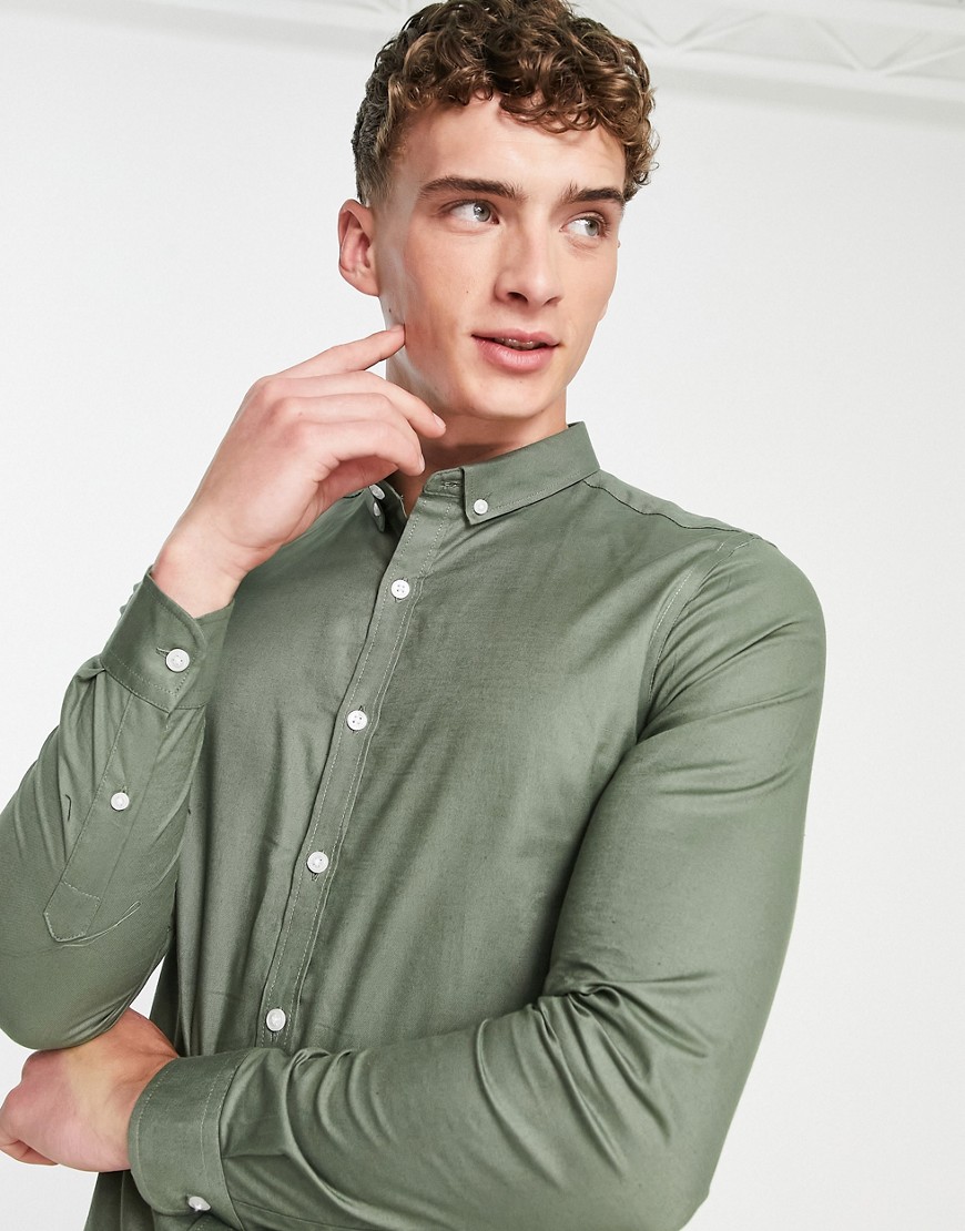 New Look smart long sleeve muscle fit oxford shirt in khaki-Green