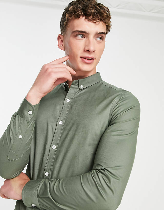 New Look - smart long sleeve muscle fit oxford shirt in khaki