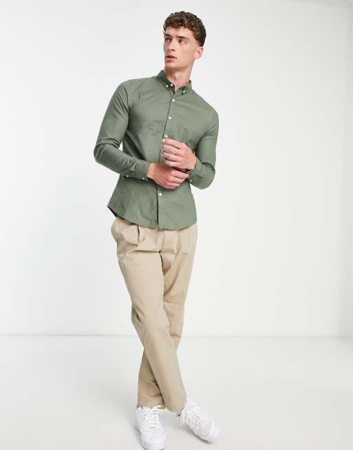 New Look smart long sleeve muscle fit oxford shirt in khaki