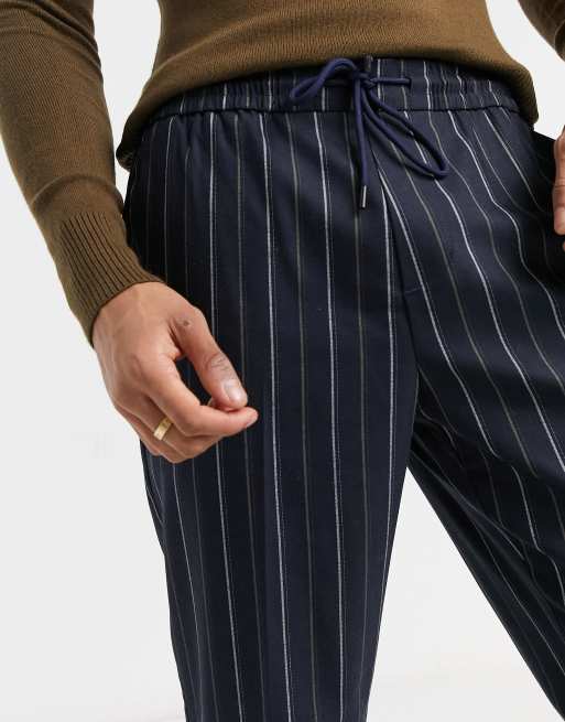 New Look smart pants with elastic waist in navy pinstripe