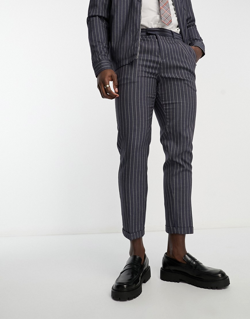 New Look Smart Pleat Front Pinstrie Pants In Dark Blue