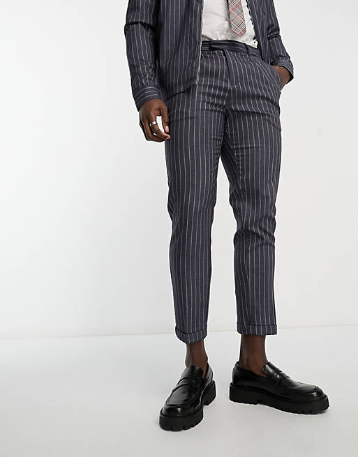 New Look smart pleat front pinstrie trousers in dark blue | ASOS