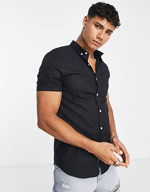 New Look smart short sleeve muscle fit oxford shirt in black | ASOS