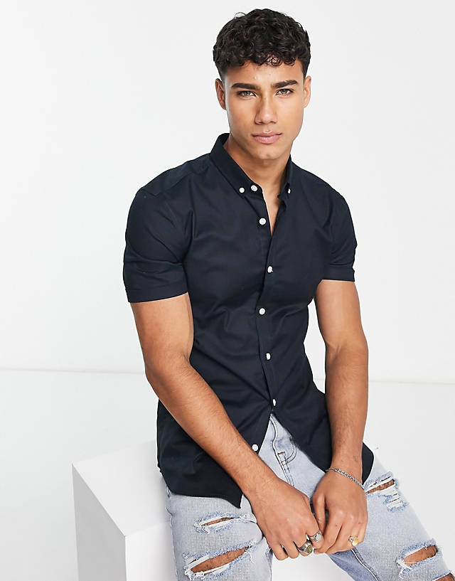 New Look - smart short sleeve muscle fit oxford shirt in navy
