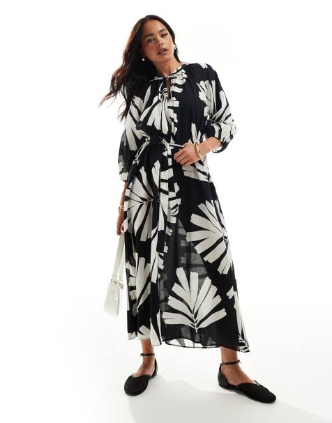 New Look smock midi dress in black palm print - view 1