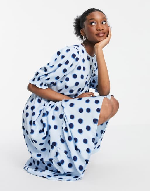 New Look smock midi dress in blue polka dot |