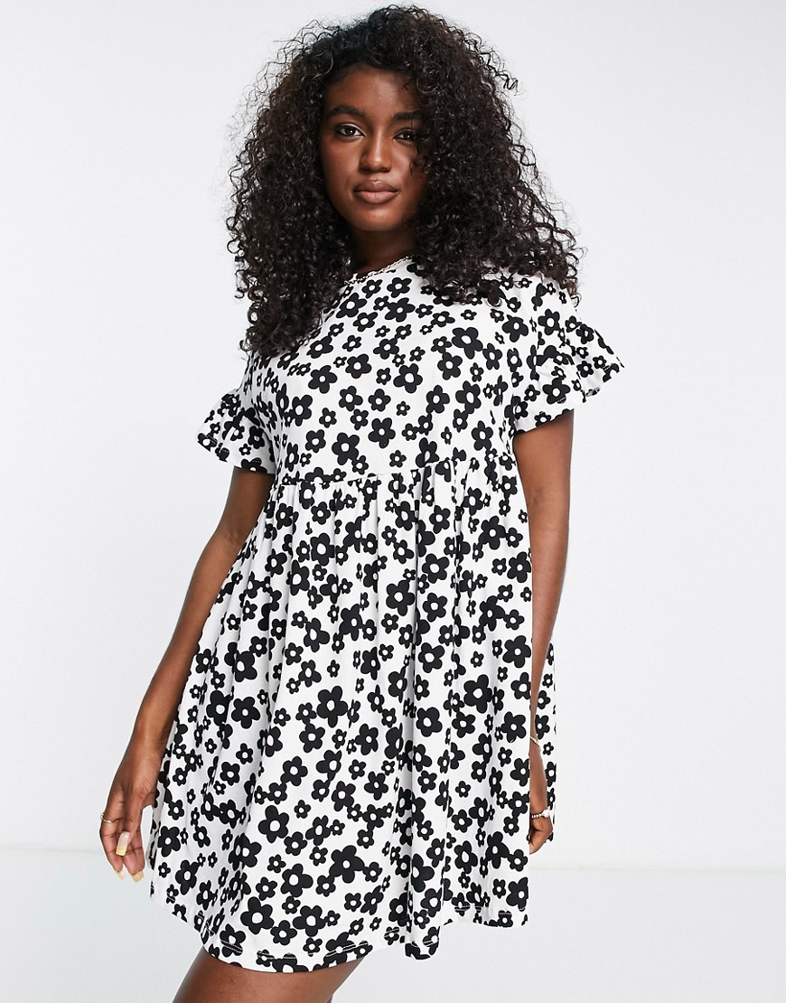 New Look smock mini dress in black and white floral