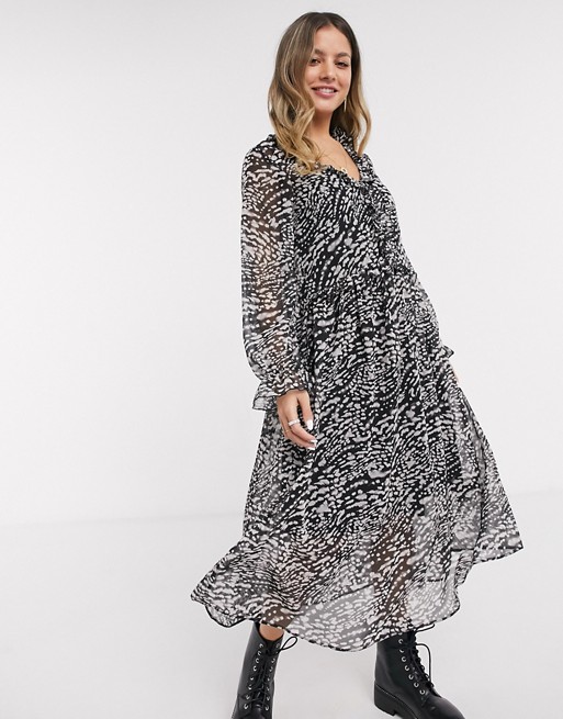 New Look snow leopard ruffle front midi dress in black pattern