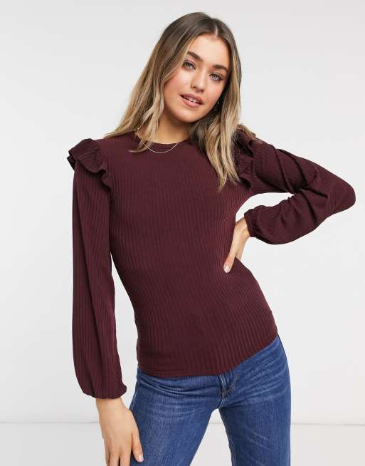 New Look soft rib frill shoulder top in burgundy | ASOS