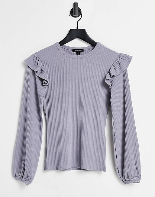 New Look soft rib frill shoulder top in off grey lilac