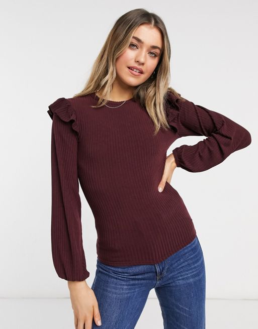 New Look soft ribbed ruffle shoulder top in burgundy | ASOS