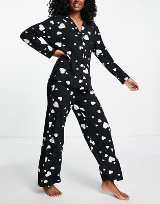 New Look soft touch heart revere pajama set in black