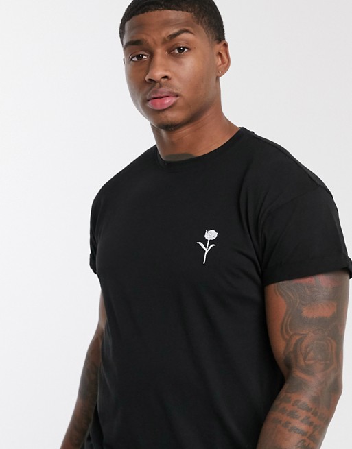New Look solid rose embroidered t-shirt in black