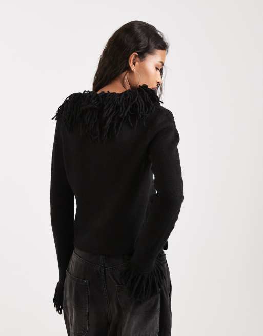 New Look - Sort cardigan med manchetærmer og krave med frynser, 3 af 4