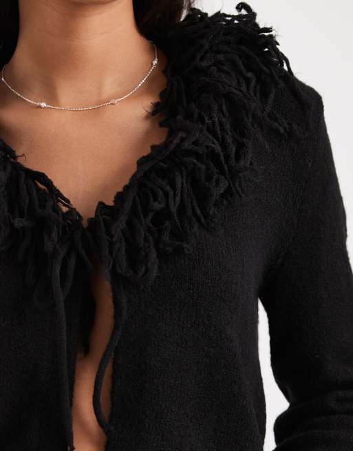 New Look - Sort cardigan med manchetærmer og krave med frynser, 4 af 4