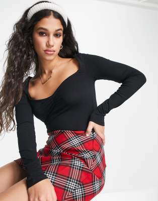 New Look - Sort langærmet bodystocking med indsyet detalje foran