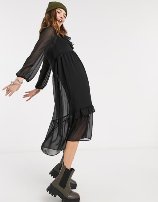New Look - Sort midikjole i chiffon med flæsedetaljer