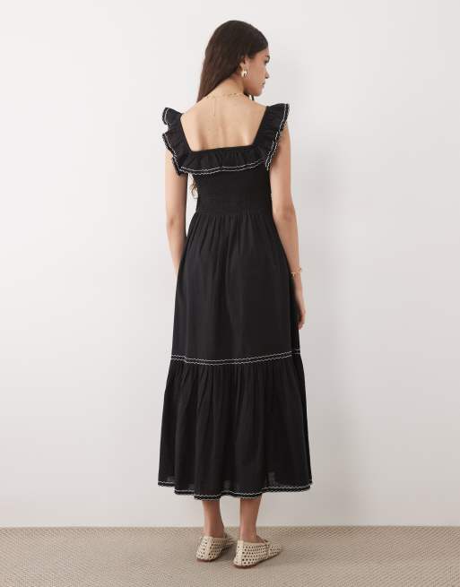 New Look - Sort midikjole med broderi og flæseærmer, 4 af 4