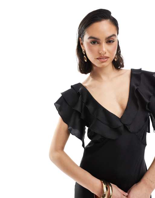 New Look - Sort midikjole med flæseærmer i satin, 2 af 4