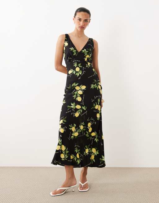 New Look - Sort midikjole med V-hals og citronprint, 2 af 4