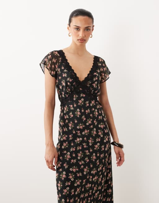 New Look - Sort midikjole med vingeærmer, blondekanter og småblomstret print, 2 af 4