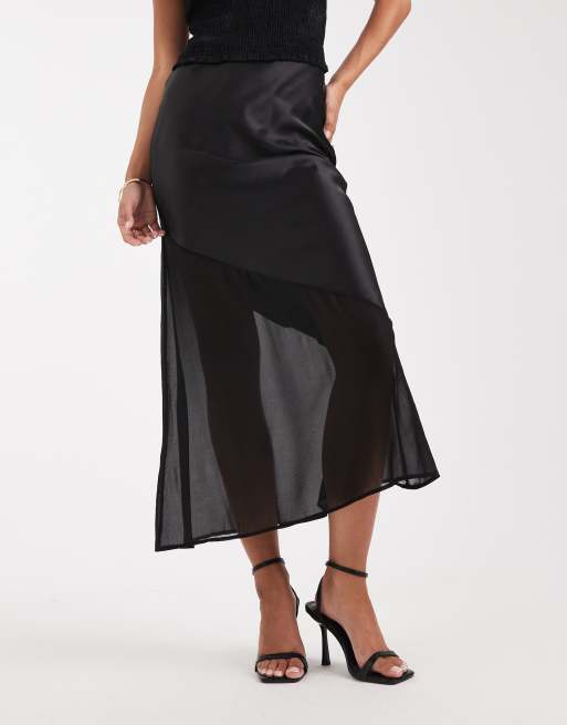 New Look - Sort midinederdel med skråsnit i satin og chiffon, 2 af 5
