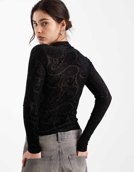 New Look - Sort og langærmet overdel med velouriseret paisley-mønster, 4 af 4