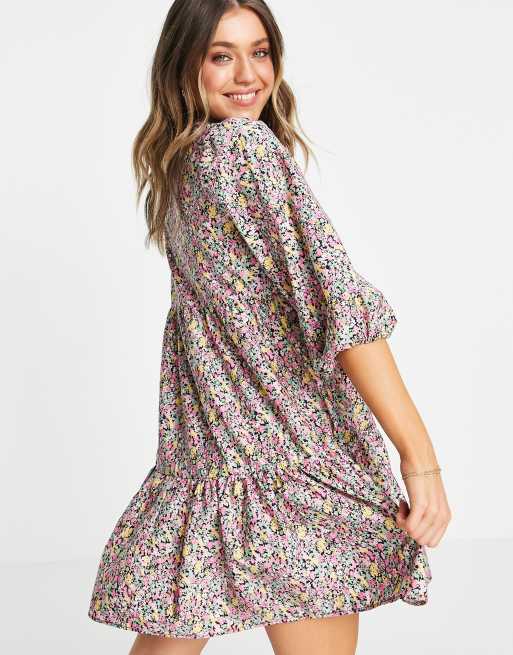 New Look - Sort smock-minikjole i poplin med blomstermønster og bindebånd, 2 af 4