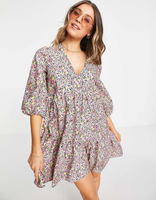 New Look - Sort smock-minikjole i poplin med blomstermønster og bindebånd, 4 af 4