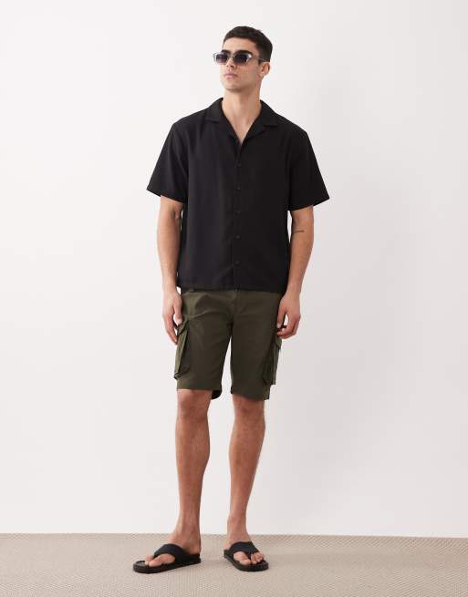 New Look - Sort sæt med shorts og skjorte med firkantet pasform i hørlook