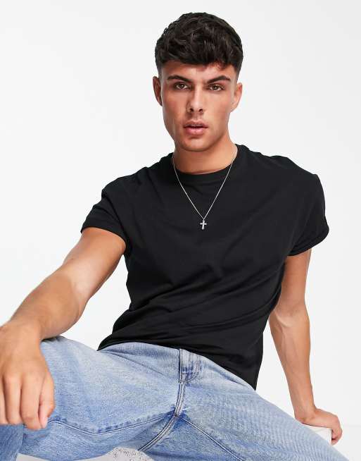 New Look - Sort t-shirt med oprullet ærme