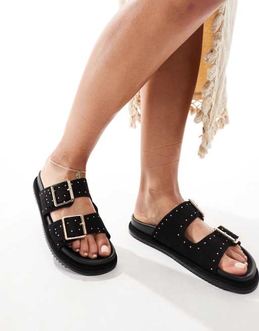 New Look - Sorte flade sandaler med to chunky remme og nitter