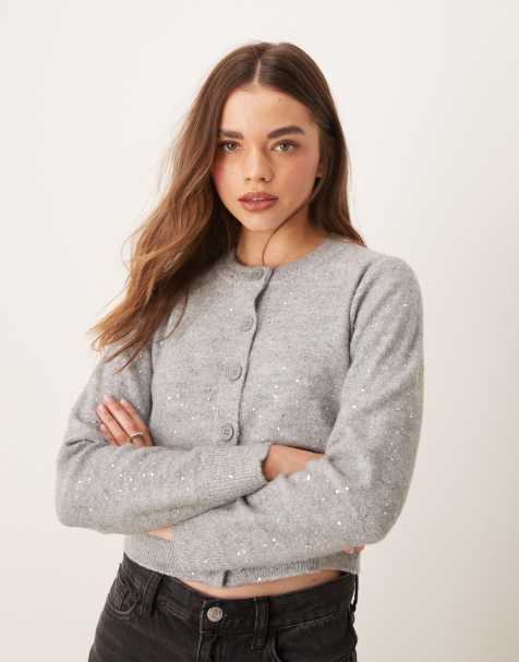 New Look sparkle crew neck cardigan in grey - view 1