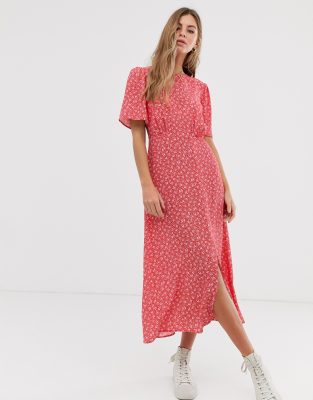 midi red floral dress