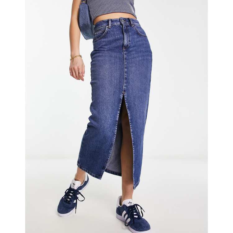 New Look split front denim maxi skirt in dark blue ASOS