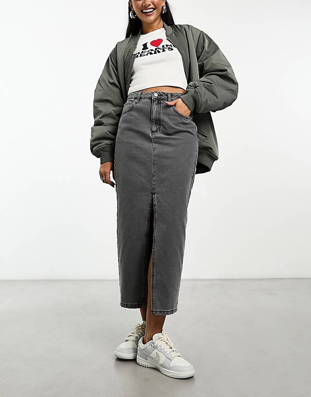 New Look - split front denim maxi skirt in light grey