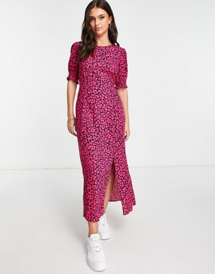 New Look split front midi dress in pink floral