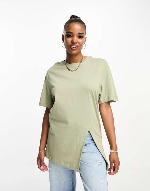New Look split hem boyfriend tee in khaki ASOS