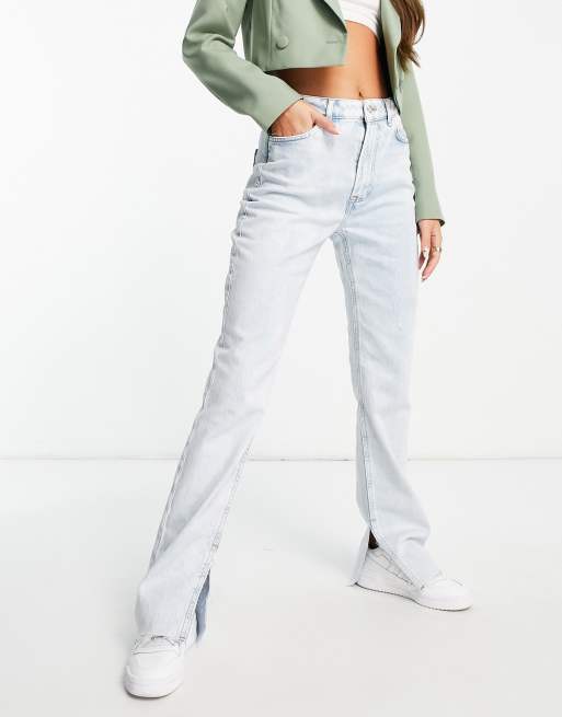 Light Blue Wash Ripped Split Hem Straight Leg Jeans