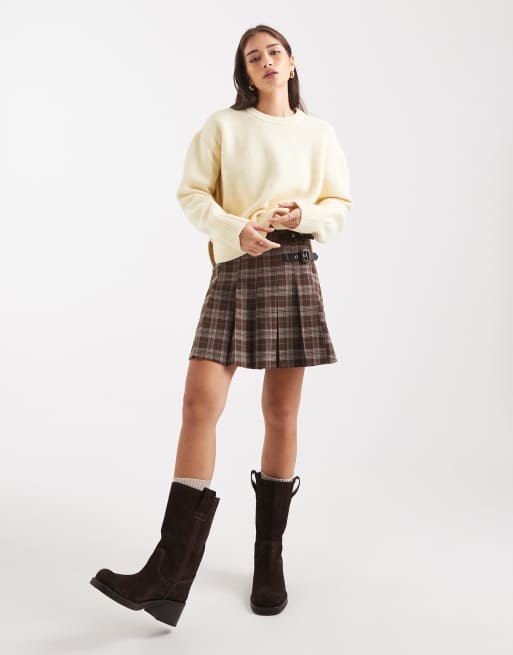 New Look – Spódnica mini w brązową kratkę z klamrami, 2 z 5
