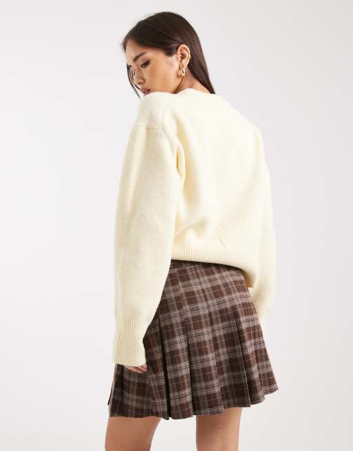 New Look – Spódnica mini w brązową kratkę z klamrami, 3 z 5