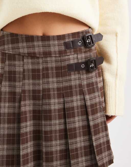 New Look – Spódnica mini w brązową kratkę z klamrami, 5 z 5