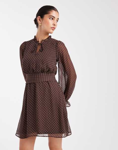 New Look spot chiffon cinched waist mini dress in brown - view 1